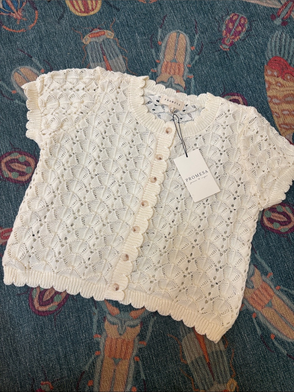 Promesa Something More Ivory Openwork Crochet Button-Front Knit Cardigan S NWT